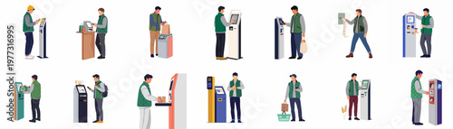 Collection of people using various self-service kiosks, ATM machines, and automated payment terminals for shopping, banking, and ticketing.
