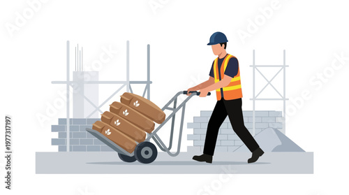 Construction Worker Pushing Hand Truck with Heavy Bags on Building Site Vector Illustration