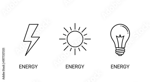 Line art icons depicting energy sources a bold silhouette