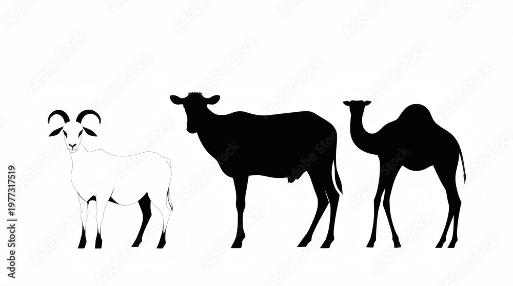 Obraz premium Silhouettes of a ram, a cow, and a camel against a white background, representing farm animals and desert creatures