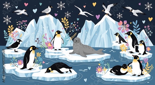 A whimsical winter landscape featuring playful penguins and a seal on icy floating ice floes