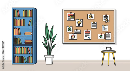 Office Workspace with Bookshelf, Potted Plant, and Bulletin Board