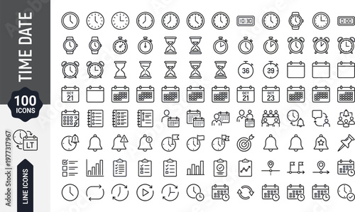 A collection of 100 line icons depicting various time and date symbols, including clocks, calendars, and hourglasses, arranged neatly on a white background. Ai, eps, jpg, transparent background, png