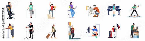 Flat illustration set of diverse people involved in esports professional gaming activities including playing, winning, streaming, and technical support on white background.