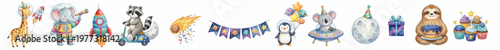 Cute watercolor space birthday. Hand painted cartoon animals and cosmic party elements for nursery decor set. Collection of Vector illustrations for invitation, card, poster, banner, decoration
