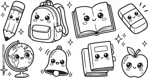 Collection of cute cartoon school supplies with faces, including a backpack, books, and a globe