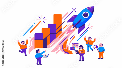 Startup Growth Rocket Chart Flat Vector Business Success Illustration