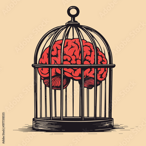 A creative illustration depicting a brain inside a cage, representing the confinement of thoughts and innovation.