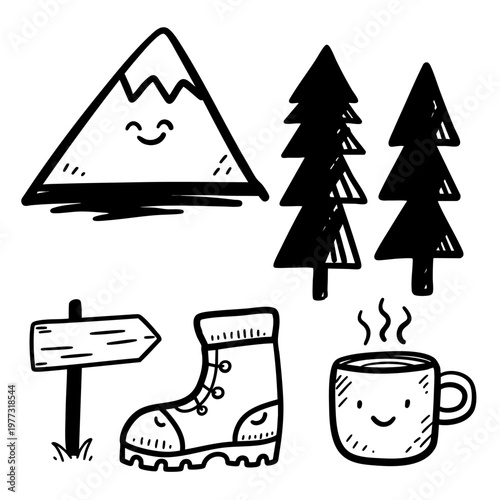 A cheerful collection of hand-drawn hiking and camping doodle icons with faces. AI Generative Vector
