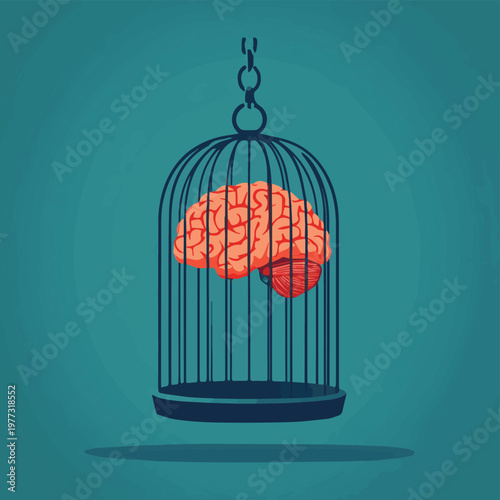 A creative representation of a brain in a cage, symbolizing confinement of thoughts and mental struggles.