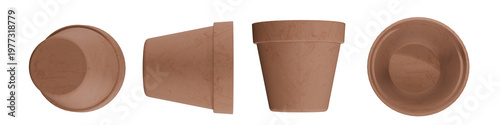 Obraz na plátne Four clay flower pots shown from different perspectives, empty terracotta garden