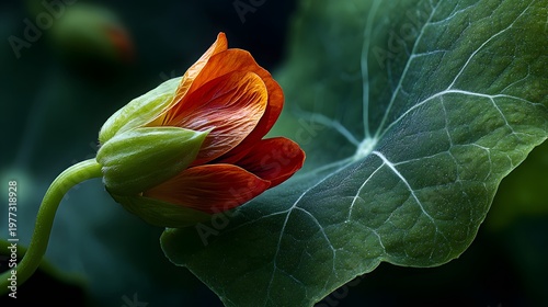 Exquisite Close-Up of a Vibrant Tropaeolum Majus Bud with Lush Green Leaves Illuminated by Soft Natural Light