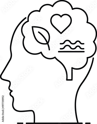 Silhouette of a head with nature and love symbols in thought bubble