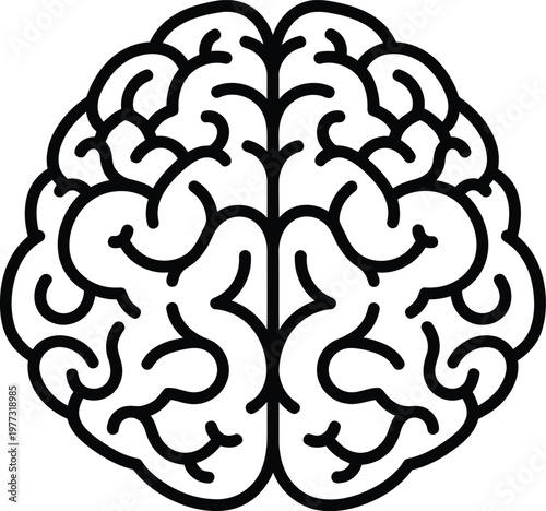 Detailed black and white illustration of a human brain with intricate patterns