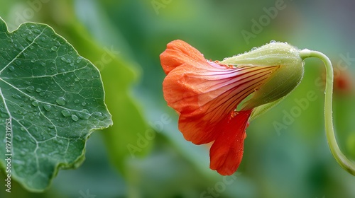 Exquisite Close-Up of a Vibrant Tropaeolum Majus Bud with Lush Green Leaves Illuminated by Soft Natural Light