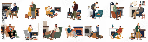 Set of cozy flat vector illustrations featuring men reading, writing, and relaxing by the fireplace in various domestic indoor settings.