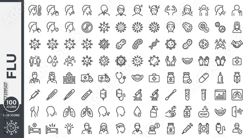 A collection of 100 line icons depicting various flu-related symptoms and medical concepts. Ai, eps, jpg, transparent background, png
