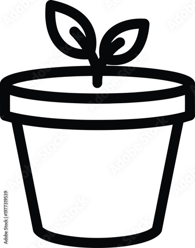 Simple black and white illustration of a potted plant with two leaves
