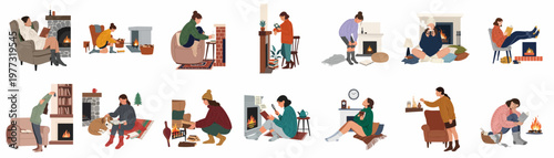 Collection of cozy winter illustrations featuring women relaxing by fireplaces, reading books, and enjoying warmth at home in a flat vector style.