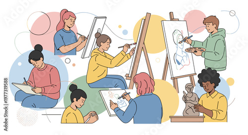 Diverse group of people painting on easels and paper in colorful vibrant lighting for art education