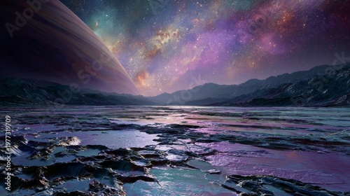 Alien landscape with a giant planet and a galaxy overhead. Rugged terrain reflects starry skies