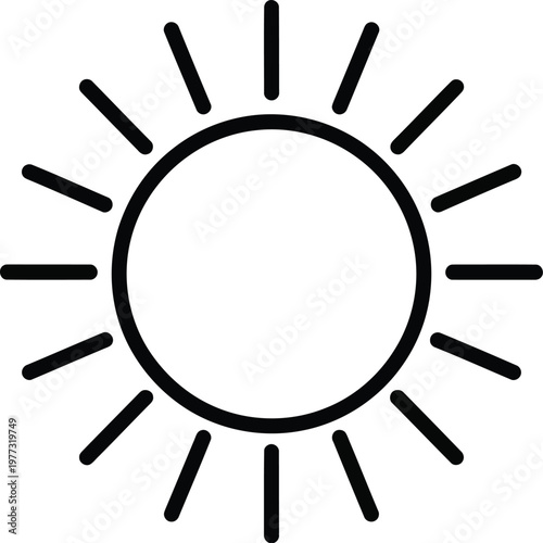 Black and white line drawing of a radiating sun with sharp rays