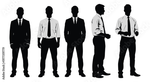Professional businessmen wearing formal suits standing in a row vector illustration for corporate design projects