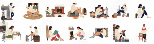 Set of flat vector illustrations featuring women in cozy sweaters reading books and relaxing by fireplaces, embodying the hygge lifestyle during winter.