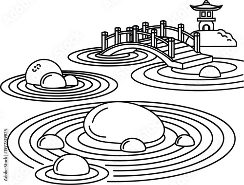 Serene japanese garden with a bridge and zen rock arrangements