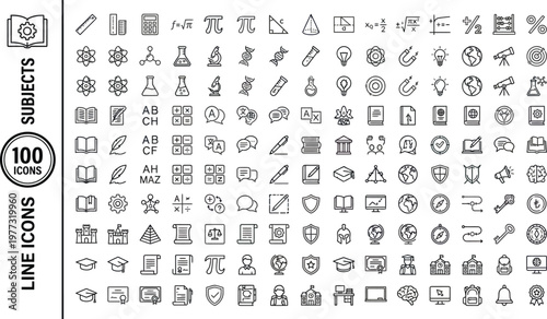 A collection of 100 line icons depicting various subjects and educational symbols in a clean and simple style. Ai, eps, jpg, transparent background, png