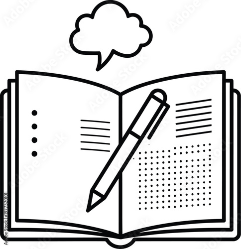 Open book with pen and thought bubble illustration