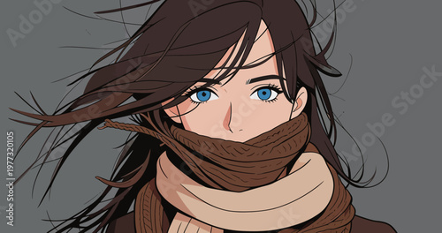 Anime Girl with Long Brown Hair and Scarf