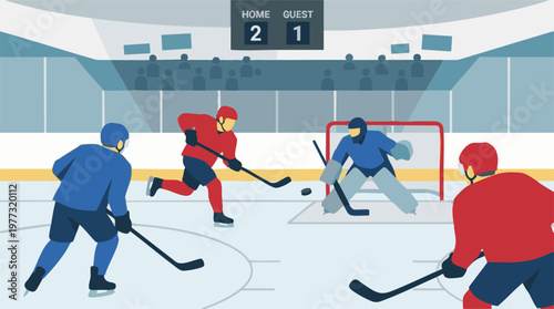 Ice hockey game in action with players, goalie, and scoreboard on the rink