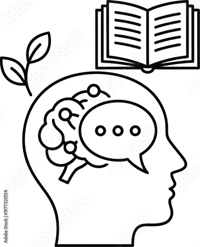 Illustration of a head with a book and speech bubbles depicting learning