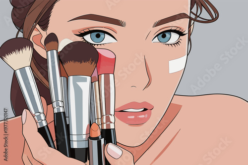 Illustration of Woman Holding Makeup Brushes and Lipsticks