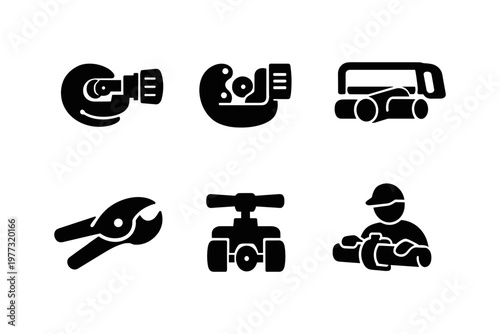 Pipe cutting plumbing solid black icon set vector illustration