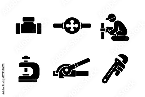 Pipe threading plumbing solid black icon set vector illustration