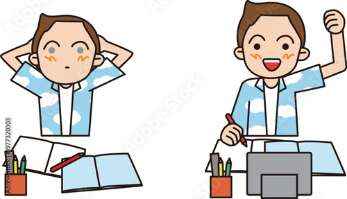 家庭学習する小学生の男の子。無気力とやる気の表情のイラスト。