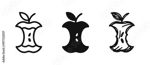 Apple core icon set. Outline, silhouette, and hand-drawn doodle styles. Organic food waste and healthy fruit symbol.