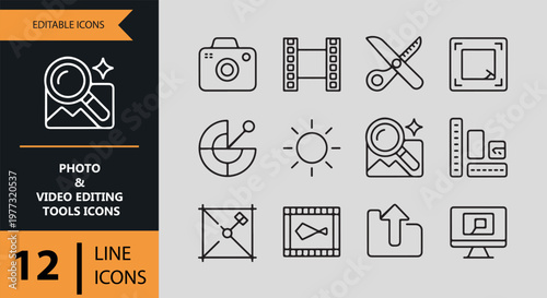Photo and video editing tools icons in line style on gray background