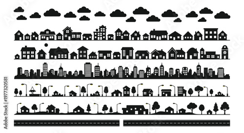Vector graphic collection featuring various silhouette houses buildings skyscrapers and street elements for city landscape design