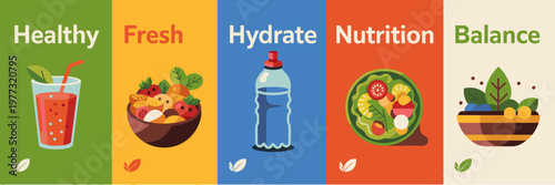 Healthy Lifestyle Banner Set Flat Vector with Nutrition Hydration Fresh Food and Wellness Balance Concepts