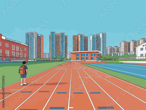 Boy Standing on School Running Track with City View