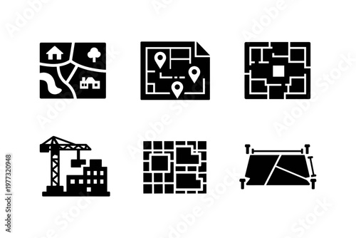 Construction map planning solid black icon set vector illustration
