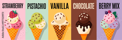 Ice Cream Flavor Collection Banner Set Flat Vector with Strawberry Pistachio Vanilla Chocolate and Berry Dessert Cards