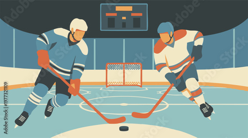 Minimalist illustration of ice hockey players on a rink with scoreboard