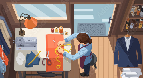 Fashion Designer Working on Sketch at Desk.