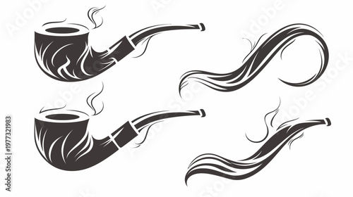 Stylized vector illustration of two smoking pipes and swirls of smoke, in black and white
