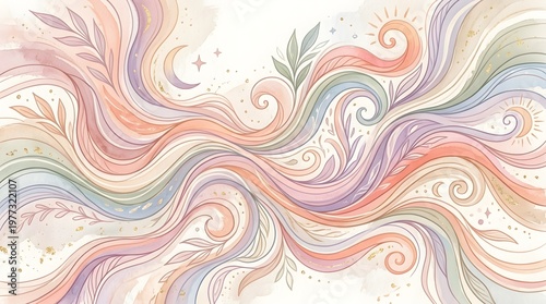 Flowing organic lines with soft pastel gradients, abstract boho background