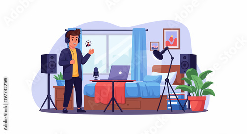 Man Recording Video Blog in Studio.